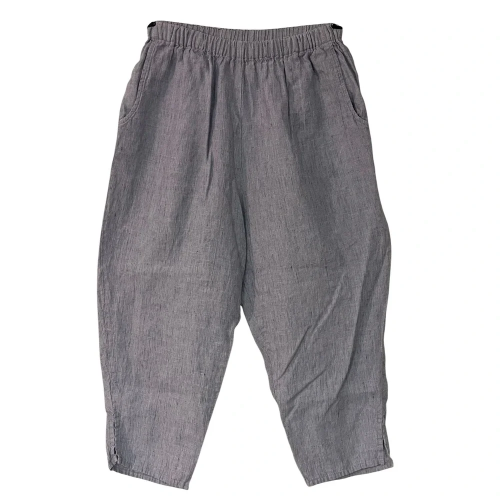 FLAX Jeanne Engelhart 3 Pc Blue 100% Linen Set Shirt Top Barrel Crop Pants S